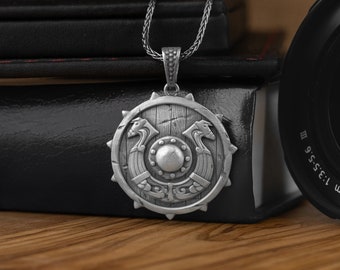 Viking Shield with Drekar Necklace, Norse Mythology Shield Pendant with Viking Dragon, Nordic Necklace in Silver, Scandinavian Jewelry