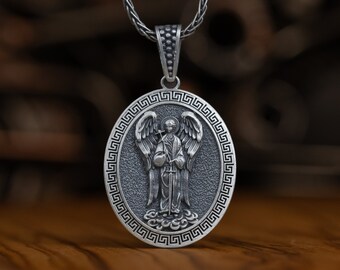 Collar de encanto personalizado del Arcángel de Plata San Gabriel, Colgante de Arcángel personalizado de plata 925, Joyería católica, Medallón cristiano