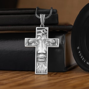 Hand Carved Jesus Face in Cross Silver Necklace, Religious Christian Cross Silver Pendant Necklace, Religious Christmas Gift for Family