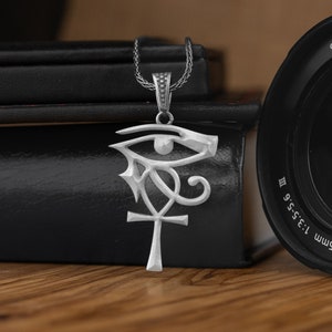 Horus Eye and Key of Life Silver Necklace, Oxidized Ankh Pagan Necklace, Sterling Silver Fantasy Necklace For Best Friend, Everyday Necklace