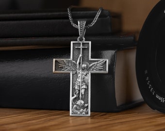 Archangel Michael Killing The Devil in Cross Necklace, Commander St Michael Archangel Pendant Necklace, St Michael Faith Cross Necklace