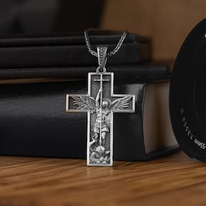 Archangel Michael Killing The Devil in Cross Necklace, Commander St Michael Archangel Pendant Necklace, St Michael Faith Cross Necklace