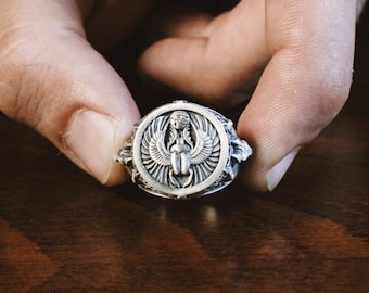 Horus Anubis Men Ring with Scarab in Sterling Silver, Engraved Men Ring, Egyptian Jewelry, Ancient Signet Ring, Mythology Beetle Ring