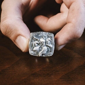 Odin The Viking God with Raven Signet Silver Ring, Scandinavian Mythology Jewelry, Hugin Munin Mens Ring, Sterling Silver Viking God Ring