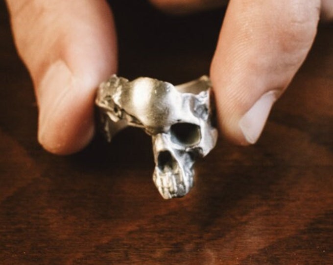 Wounded Skull Handmade Sterling Silver Men Biker Ring, Skull Gothic Ring, Skull Punk Ring, Wounded Skull Silver Men Jewelry, Ring for Men