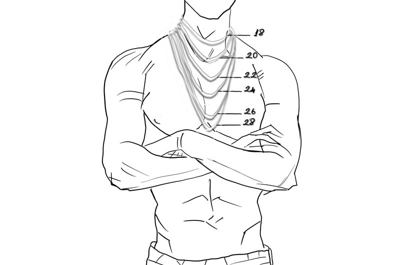 May include: Line drawing of a person's torso with a series of necklaces layered on top of each other. The necklaces are labeled with measurements in inches, ranging from 18 to 28 inches.