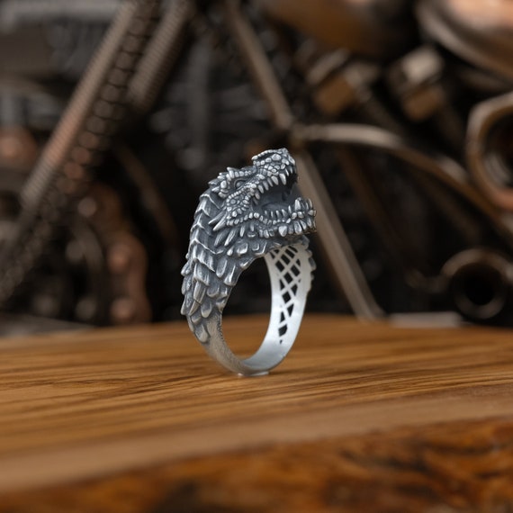 Unique Dragon Men Silver Ring, Elegant Winged Dragon Ring, Dragon