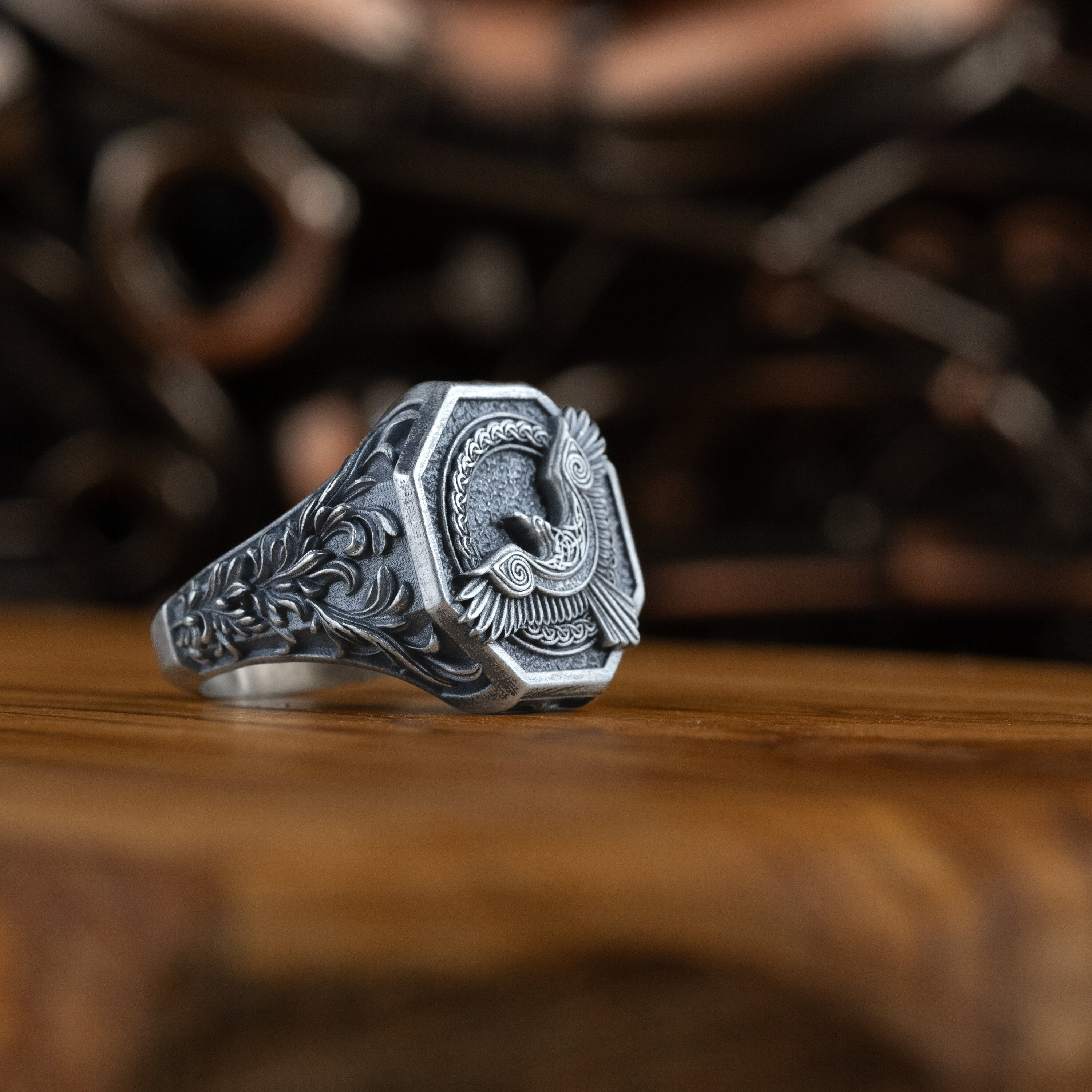 Norse Mythology Raven Bird of Prophecy Ring in Silver, Viking Men 
