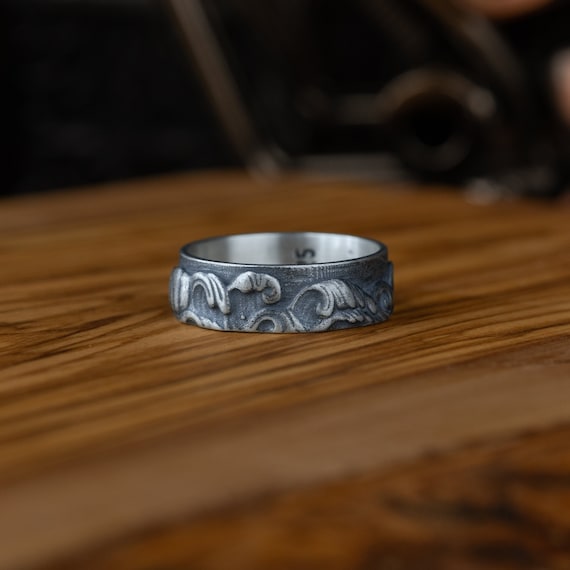 Bague Ancienne Argent Massif 925 – Jonc Anneau Créateur – Motif Vagues – Taille 45