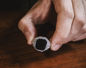 Cushion Black Onyx Victorian Ring for Men, Engraved Lily on Side Cool Ring for Husband, 925 Sterling Silver Ring, Minimalist Wedding Rings