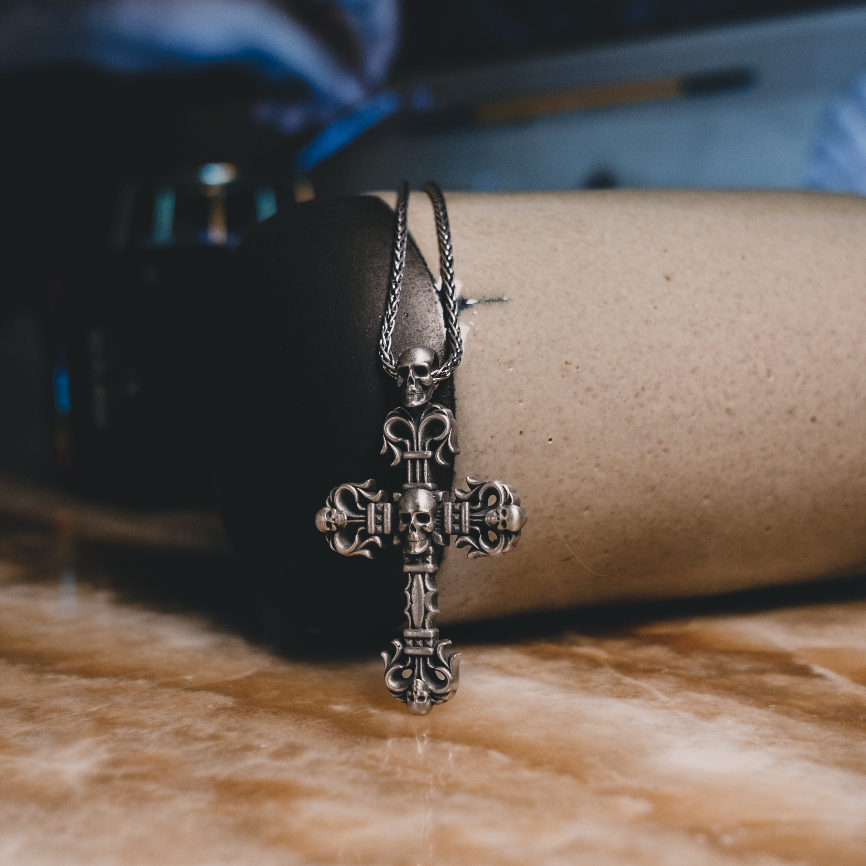Silver Cross Necklace in Goth Style, Oxidized Skull and Cross Gothic Pendant, Halloween Necklace For Best Friend, Gothic Skull Necklace