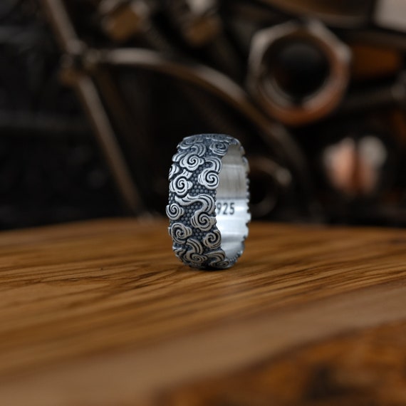 Elegant Smoke With Cloud Men Silver Band Rings, Wedding Band Ring With Clouds, Unique Cloud Man Band Ring, Swirling Pattern Pomise Ring