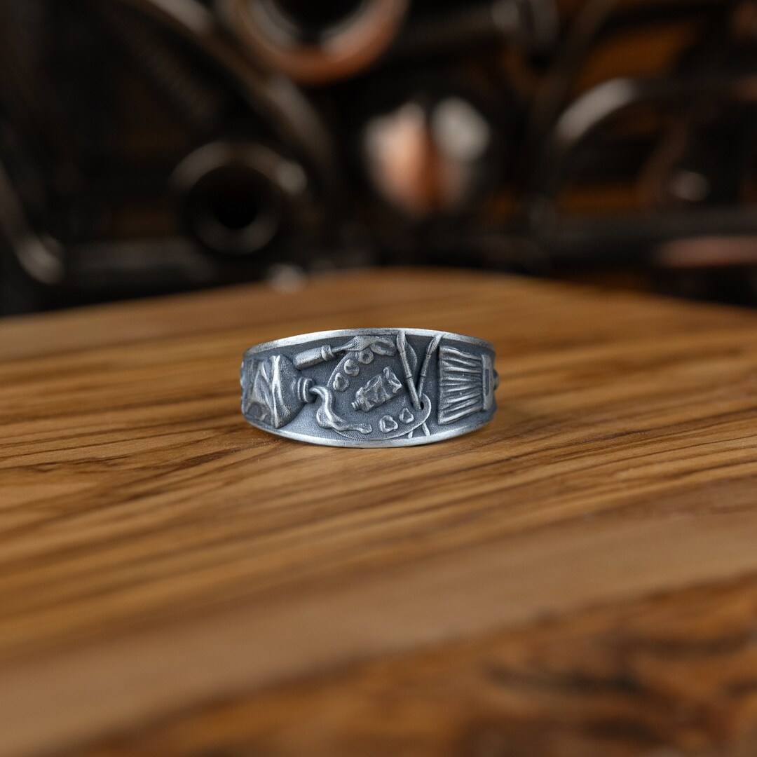 Bague en argent avec palette de peinture, alliance avec gravure