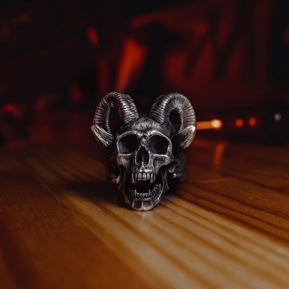 Handmade Oxidized Silver Demon Skull Men Ring, Ram Skull with Horns Unusual Ring For Boyfriend, Male Ring in Gothic Style, Biker Gift Ring