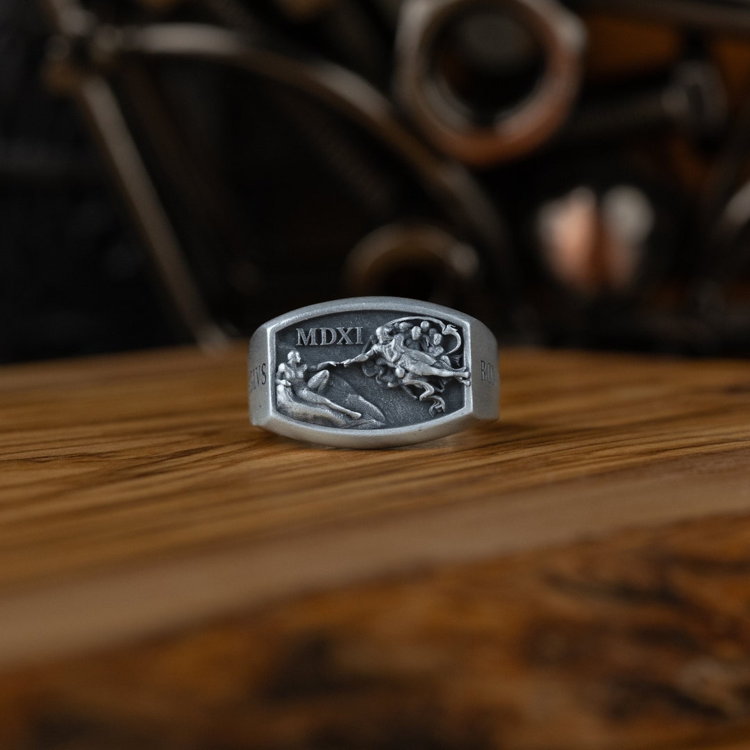 Silver the Creation of Adam Michelangelo Ring, Renaissance Art