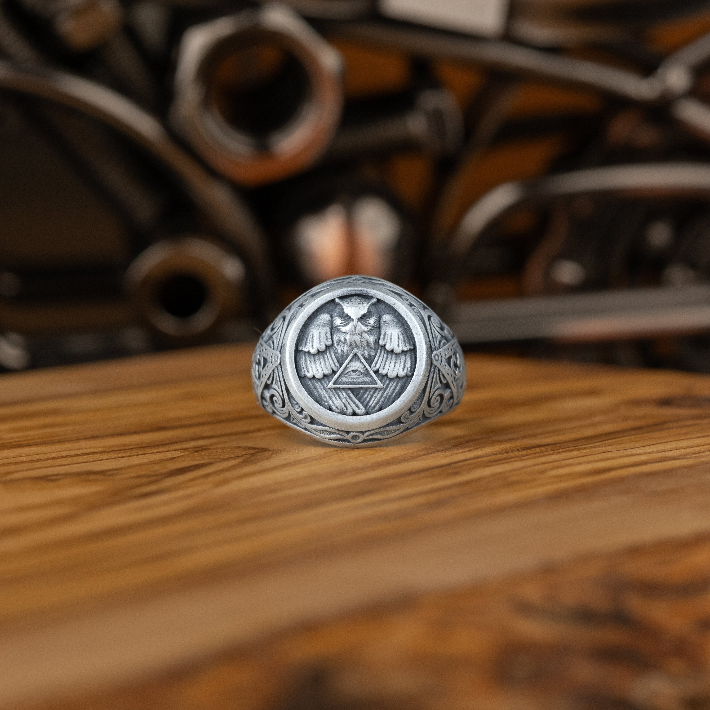 Silver Eye Of Providence Owl Mens Silver Ring, Oxidized Masonic Ring For Husband, Freemason Engraved