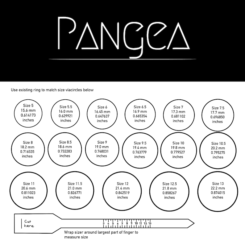 May include: A black and white ruler with markings from 3 to 13.  The ruler is labeled "Cut here" at the left end.  A black and white diagram shows a series of circles with different sizes labeled with ring sizes in millimeters and inches.  The text "Wrap sizer around largest part of finger to measure size" is below the ruler.