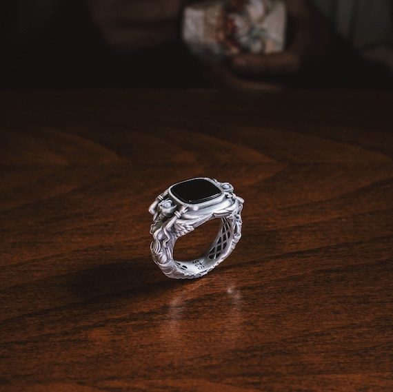 Flat Top Black Onyx Athena Ring in 925 Silver, Greek Mythology Ring for Boyfriend, Chunky Silver Mens Ring with Onyx, Wedding Mens Rings