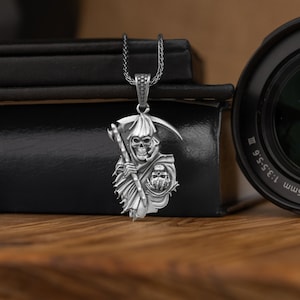 The Grim Reaper and Death Necklace, Gothic Skeleton Necklace in Oxidized Silver, The Angel of Death Necklace For Boyfriend, Rocker Necklace