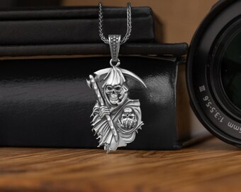 Collar de la muerte y la parca, collar gótico de esqueleto en plata oxidada, collar del ángel de la muerte para novio, collar rockero
