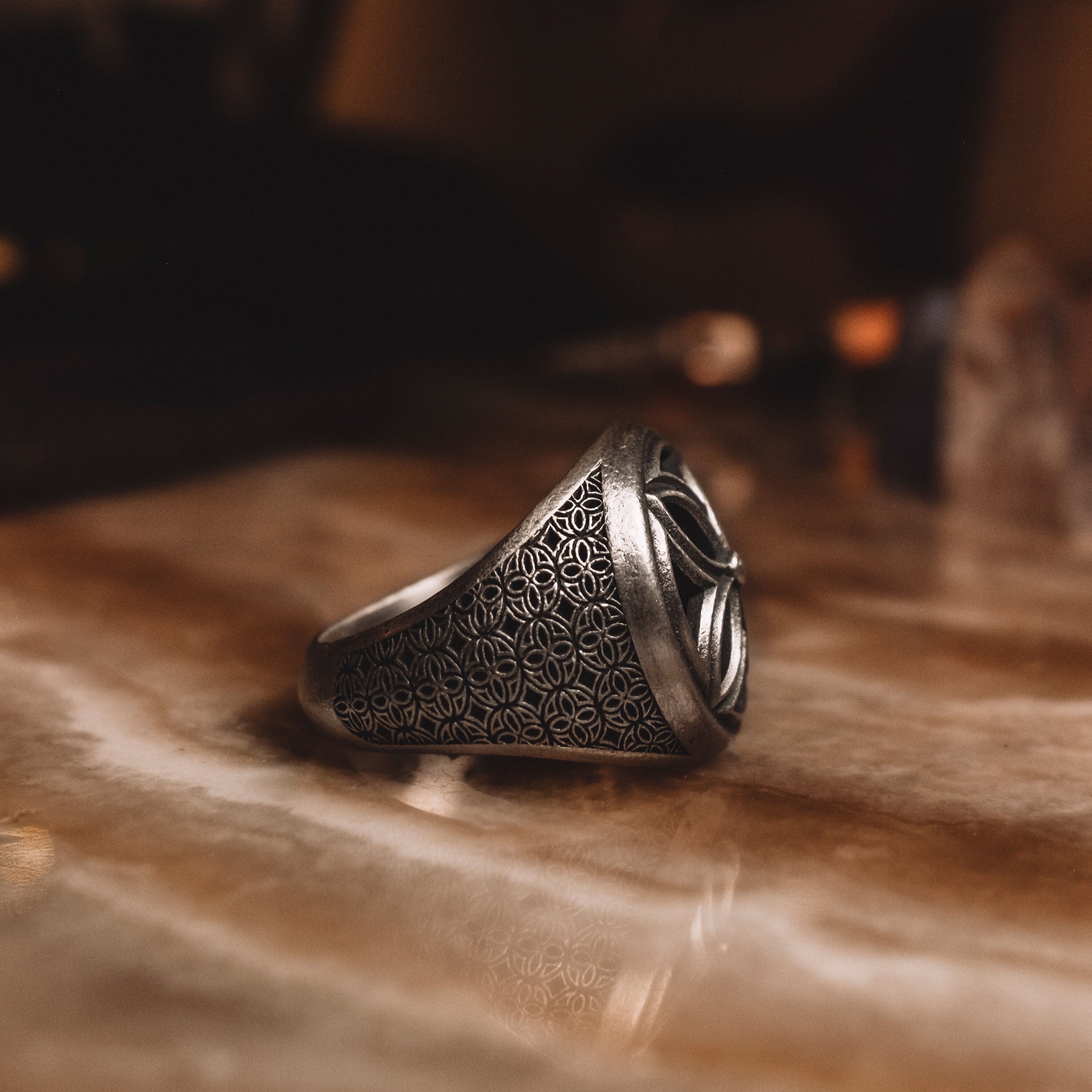 Sterling Silver Four Leaf Floral Men Signet Ring, Windmill Ring in