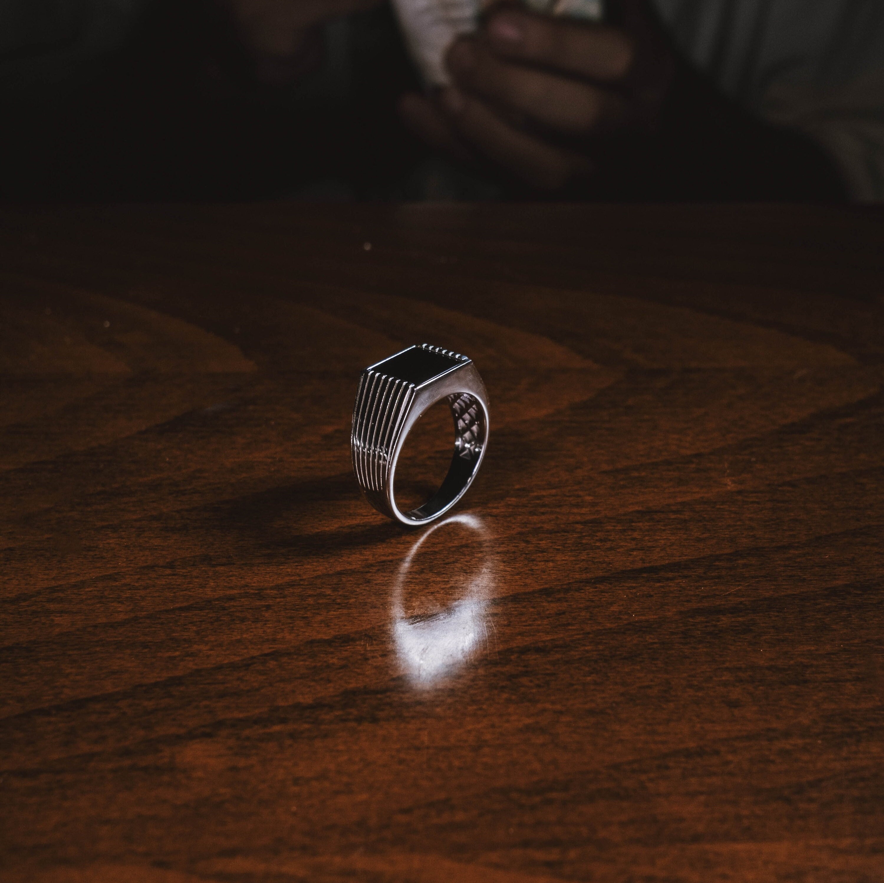 Flat Top Signet Ring With Square Cut Black Onyx, Stripes