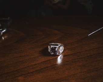 Big Rectangle Cut Amethyst Gemstone Men Silver Ring, Silver Gemstone with Engraved Rampant Lion Ring, 925 Silver man Purple Amethyst Gift