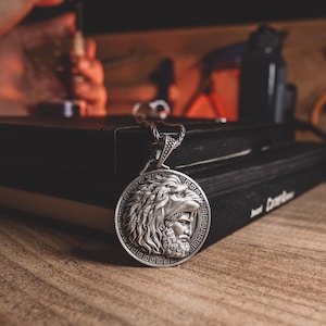 Hercules with Nemean Lion Hat Silver Men Necklace, Hercules Charm Medallion Necklace, Ancient Greek Mythology Gift Necklace For Her Him