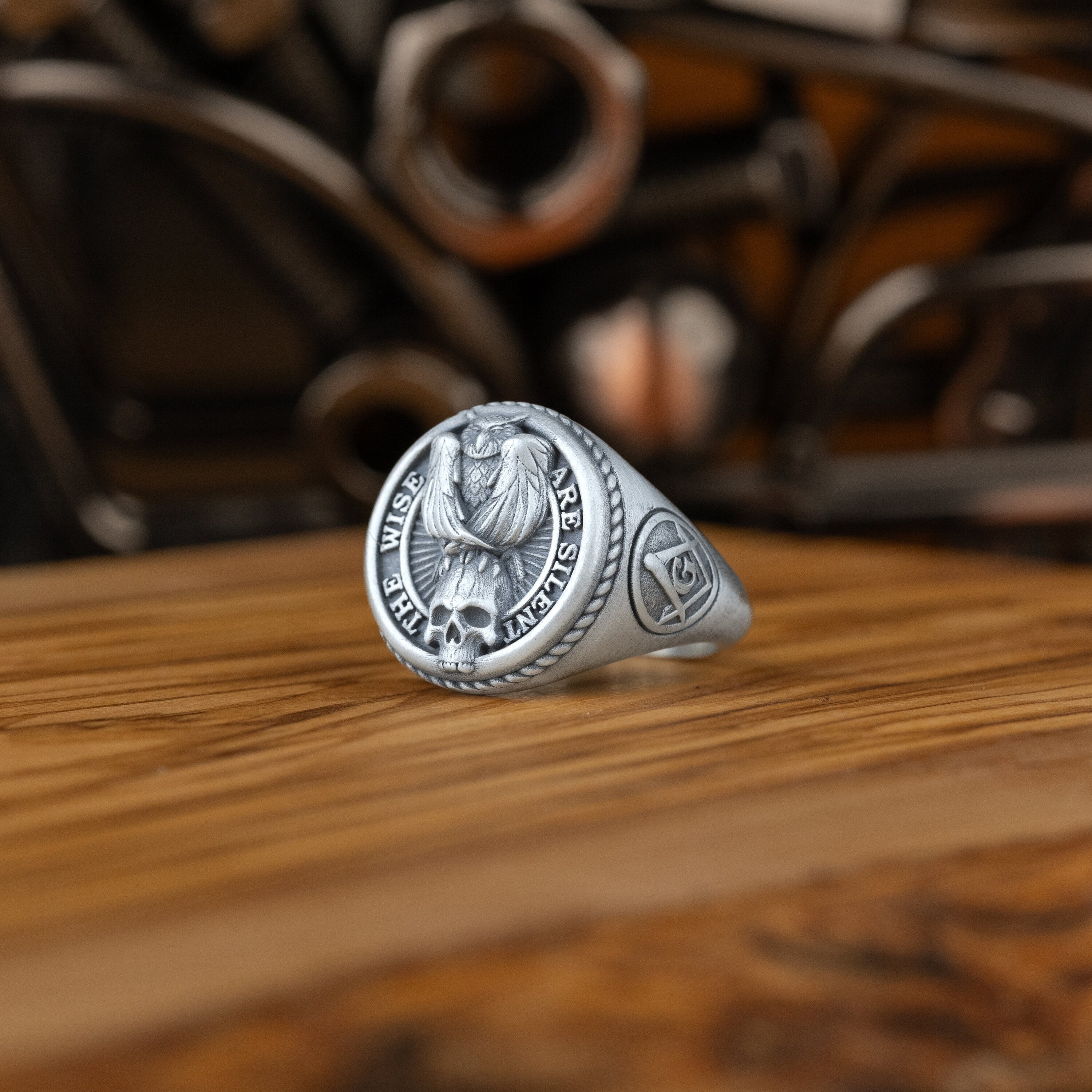 Owl Skull Mason Square Compass Silver Men Ring, Owl Skull Ring, Unique Masonic Ring, Sterling Silver