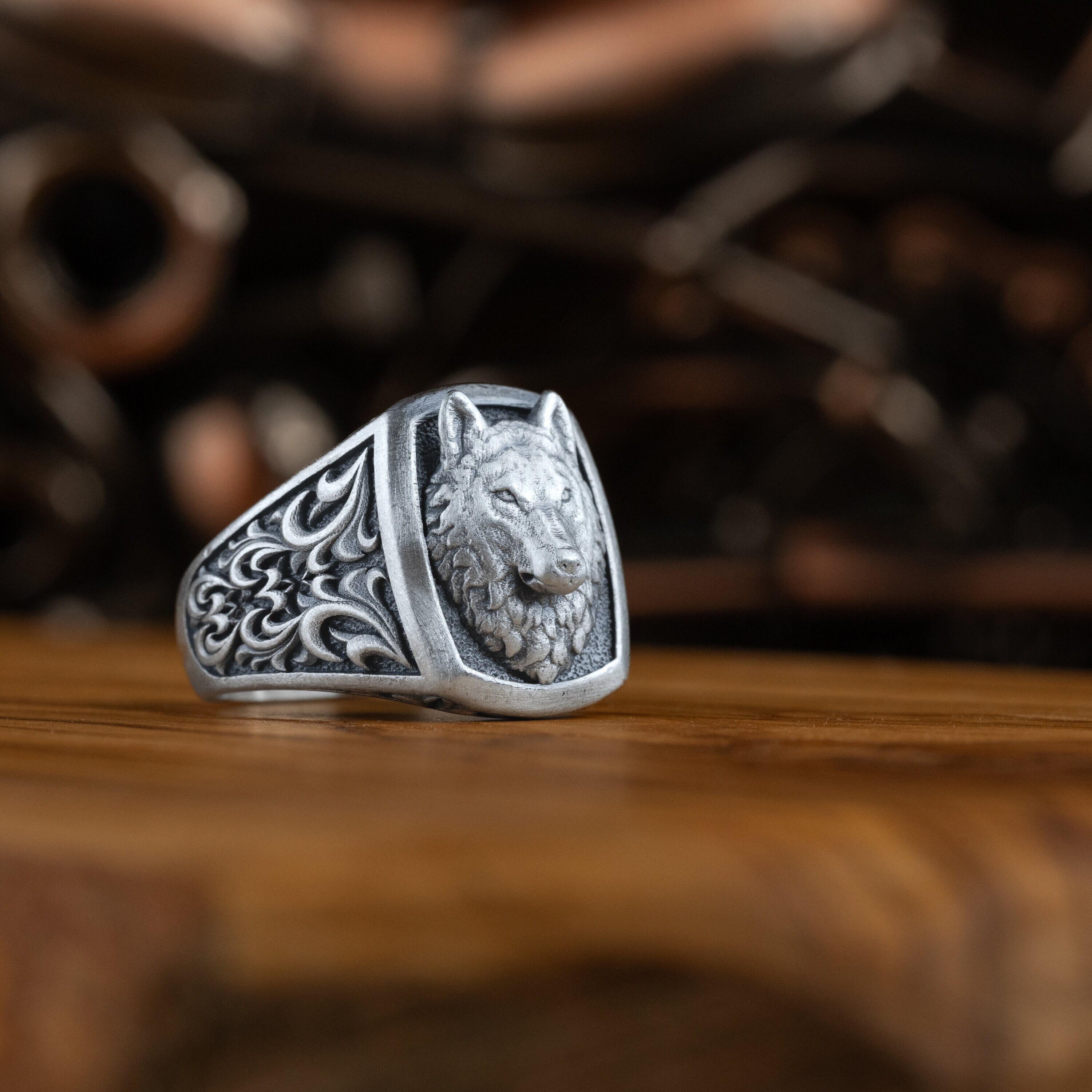 Alpha Wolf Men Signet Ring, Handmade Wildlife Cool Jewelry for