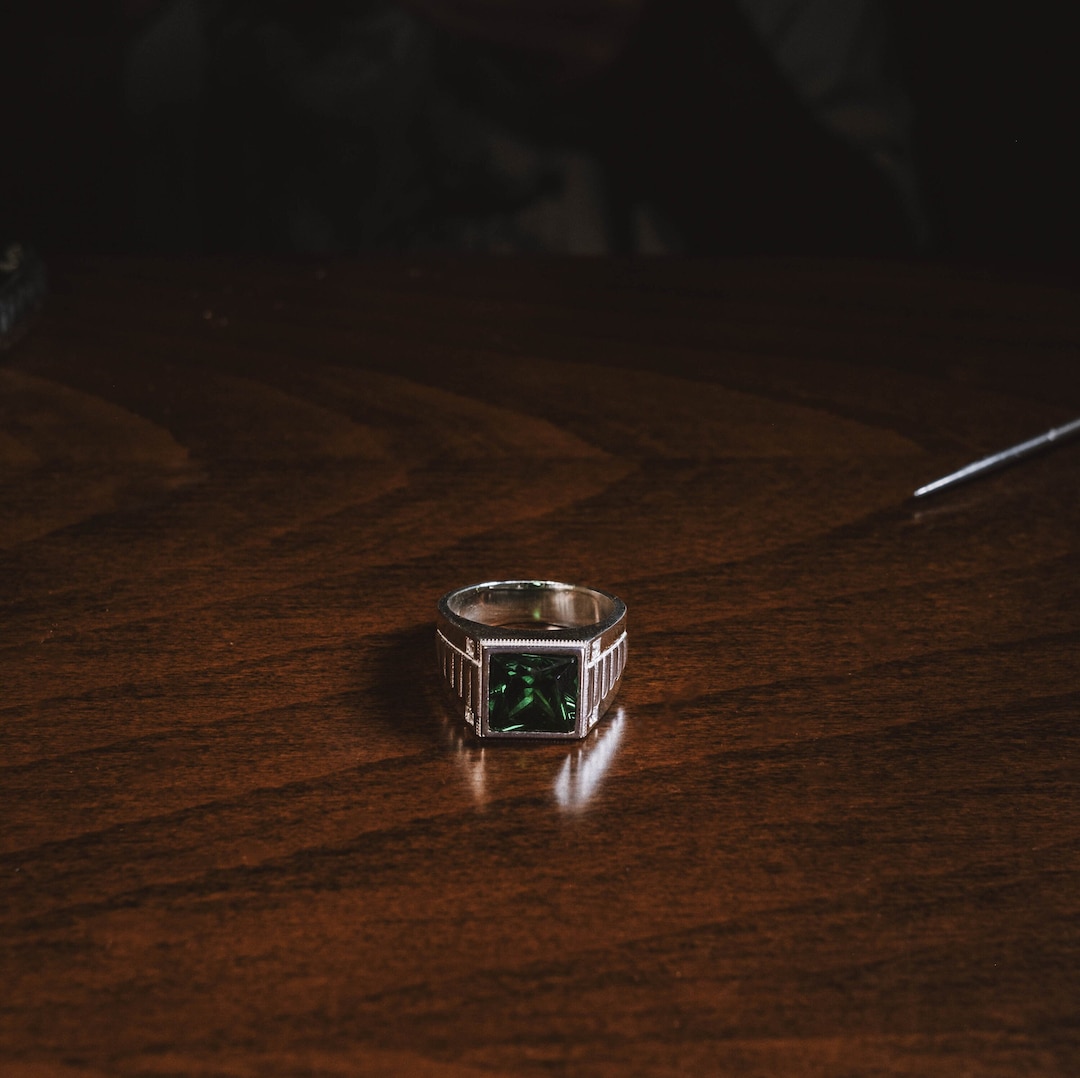 BySilverStone Sterling Silver Emerald Signet Ring - Big Square Cut Emerald Stone For Men, Dads, Or Cocktail Wear