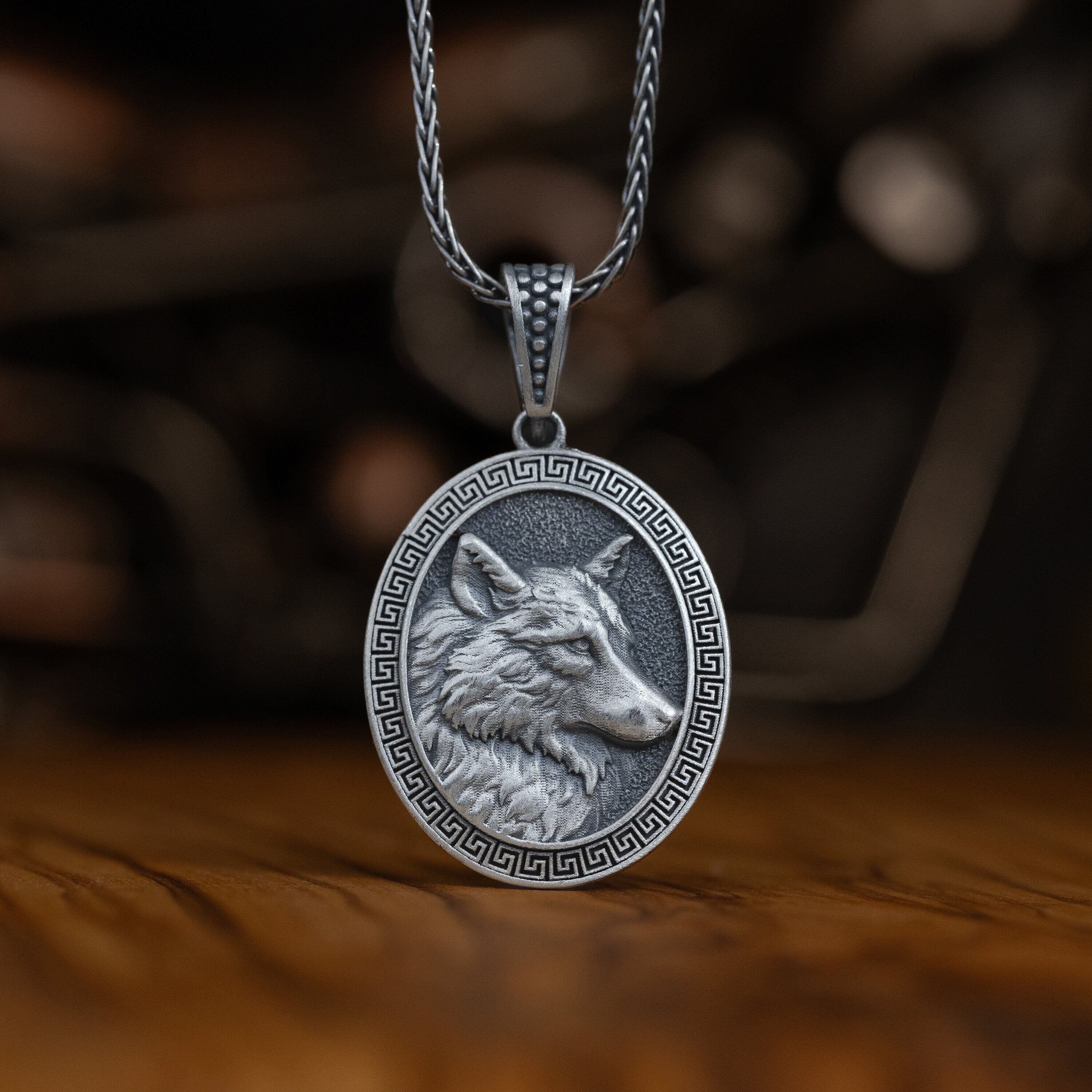 Ciondolo Pesante Lupo Albero Foresta Argento 925 Uomo Donna - Collana 24 Pollici