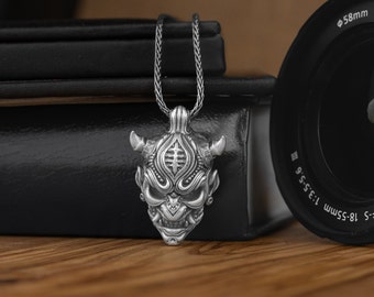 Oni Mask 3D Pendant Silver Necklace For Men, Oxidized Silver Hannya Mask Necklace, Demon Gothic Necklace For Her, Devil Punk Charm Pendant