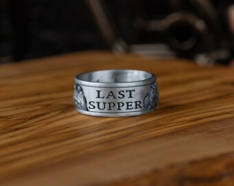 Anillo Plata 925 Última Cena Da Vinci - Grabado A Mano, Oxidado, Tallas 5-15 US