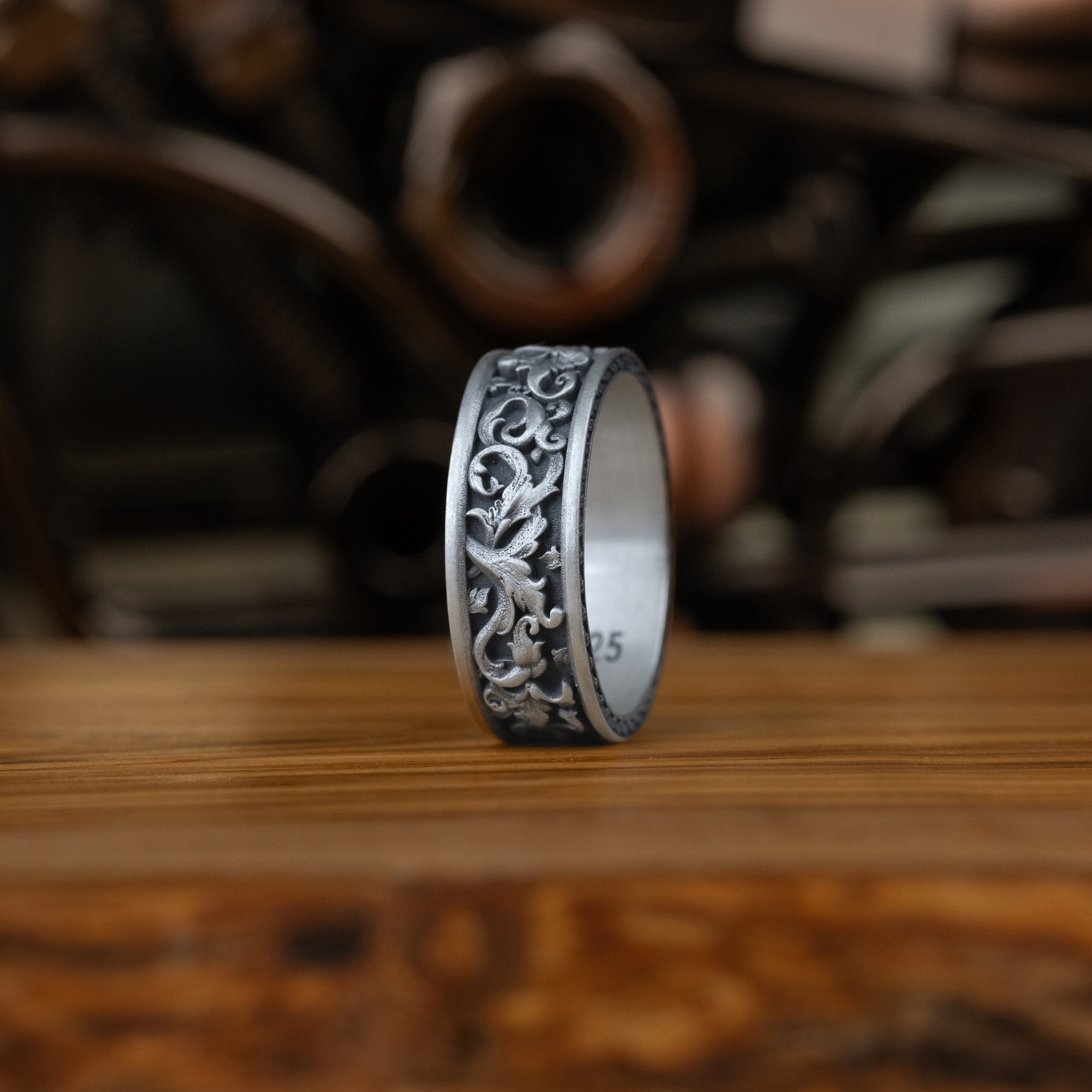 Carved Leaf Motif Promise Men Band Silver Ring, Oxidized Rococo