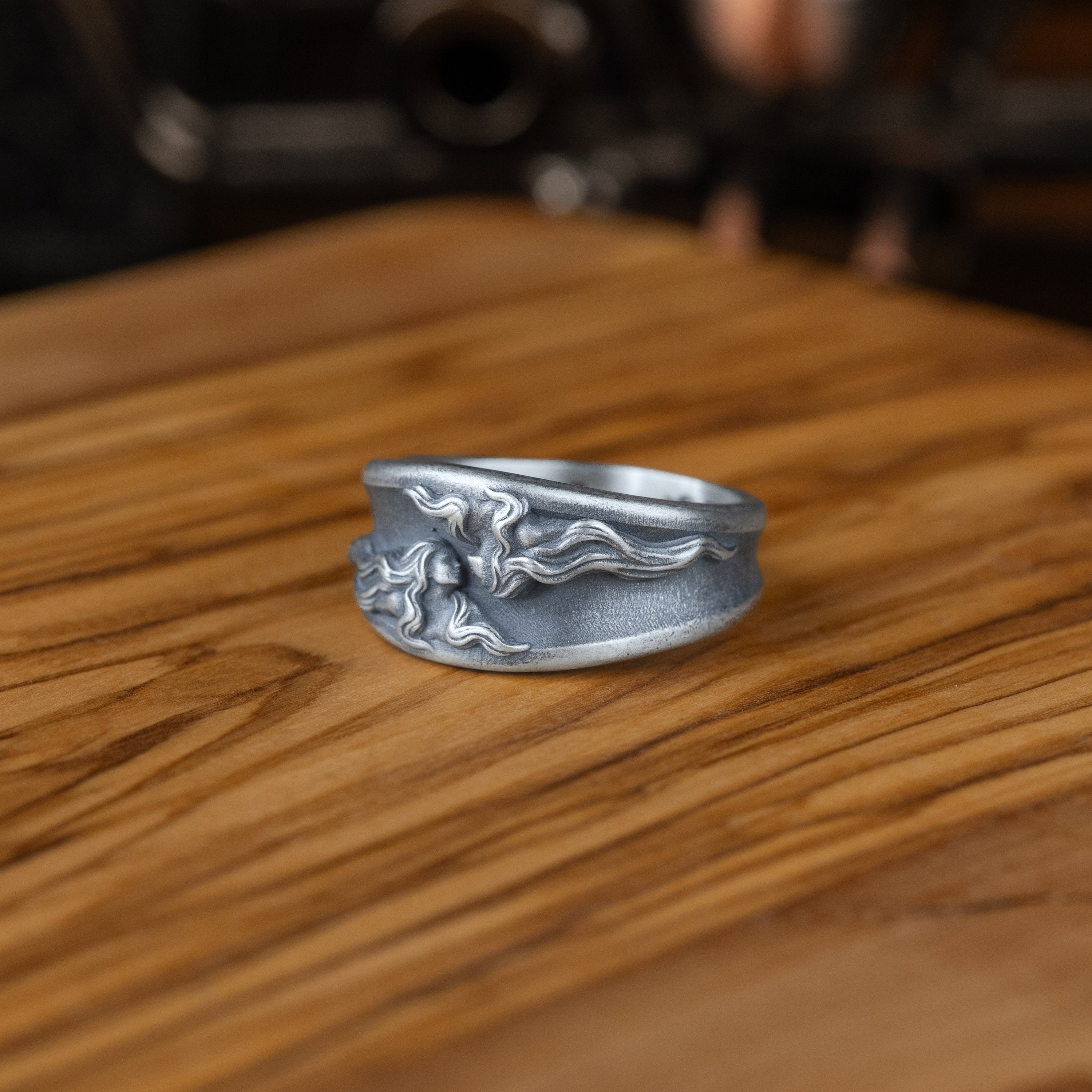 Gemini Zodiac Sterling Silver Men Band Ring, Oxidized Silver