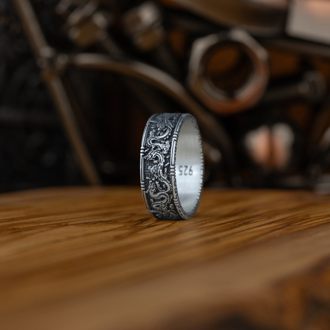 Buy Traditional Dragon Mythology Ring, Chinese Dragon Ornament Wedding Band  Ring for Men, Classic Band Rings, Engraved Anniversary Gifts Online in