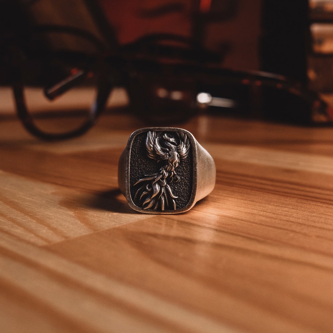 Sterling Silver Phoenix Fire Bird Men Ring, Square Signet Ring for Men ...