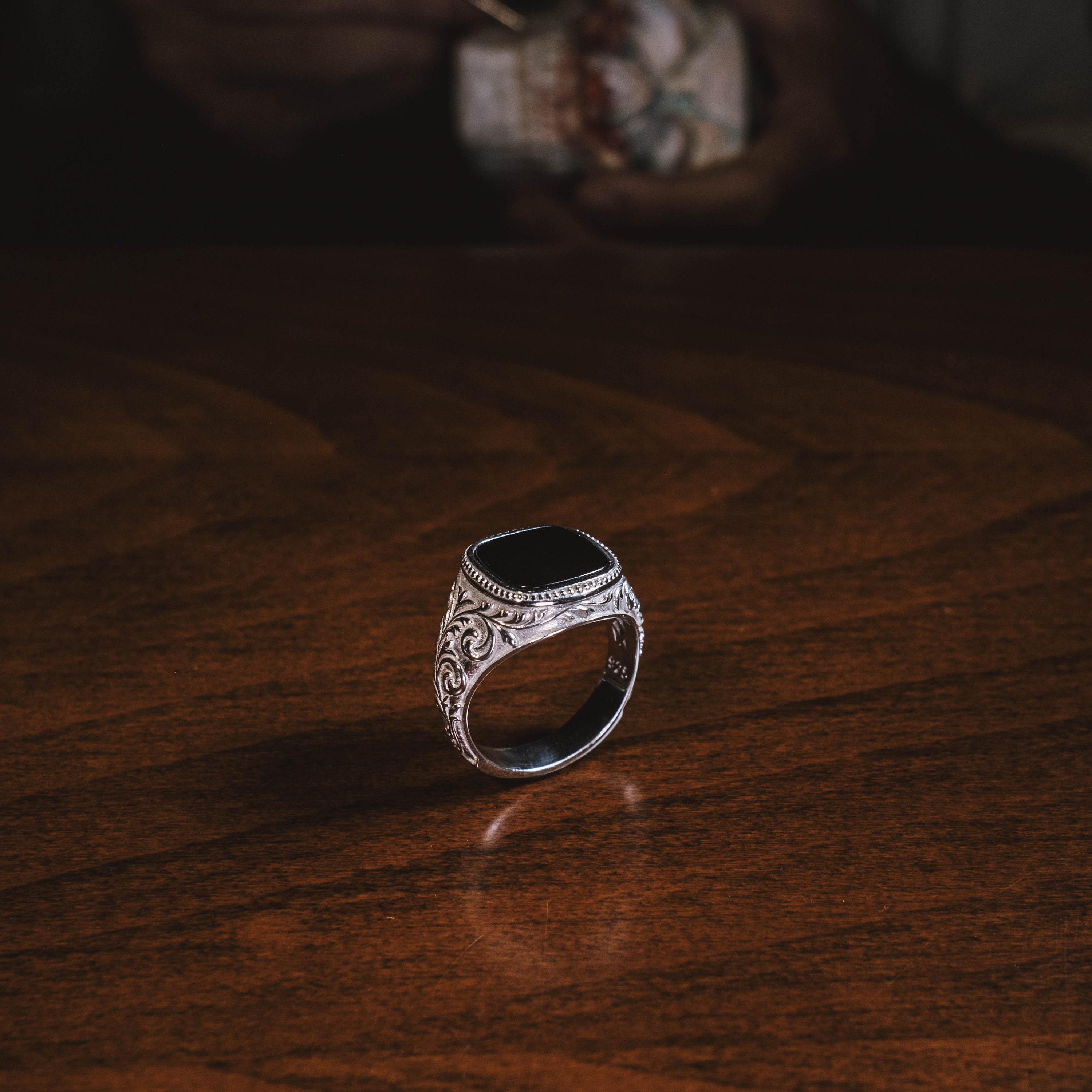 Cushion Black Onyx Victorian Ring for Men, Engraved Lily on Side
