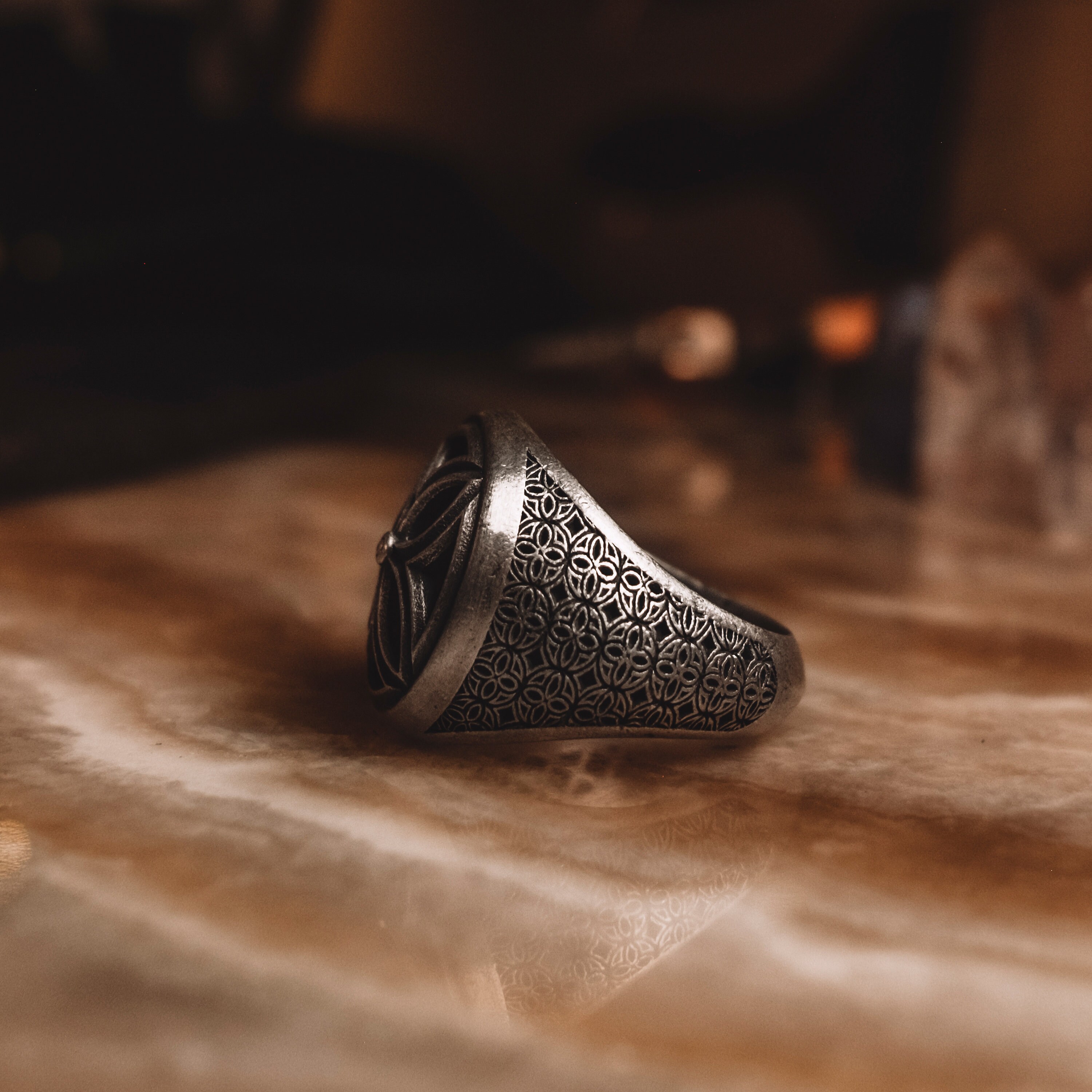 Sterling Silver Four Leaf Floral Men Signet Ring, Windmill Ring in