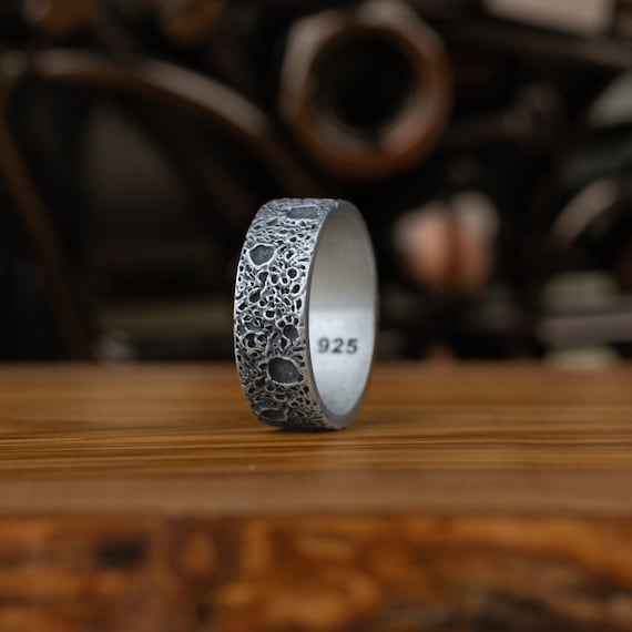 Silver Moon Craters Men Wedding Ring, Moon Surface Handmade