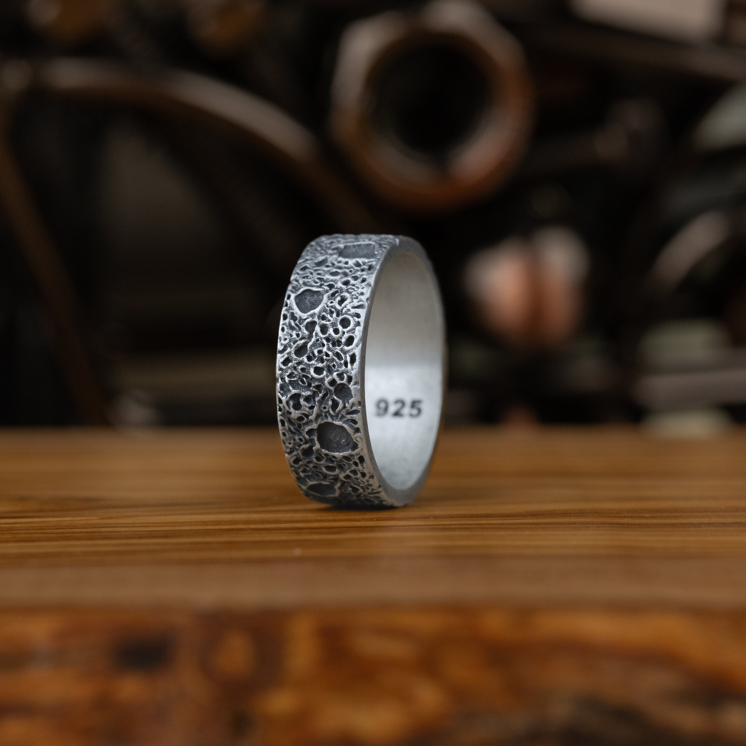 Silver Moon Craters Men Wedding Ring, Moon Surface Handmade