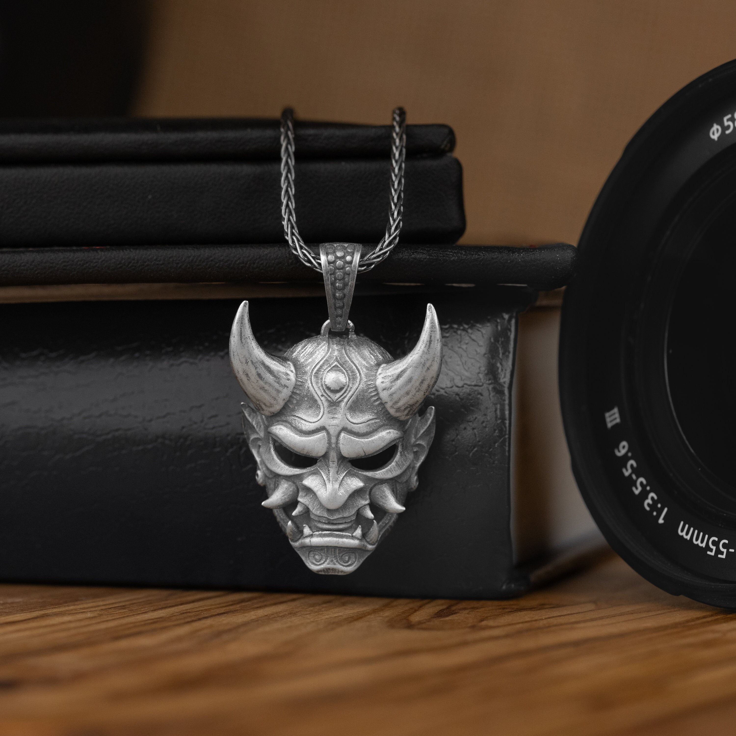 Japanese Omni Mask Silver Necklace, Hannya Art Mask Necklace for