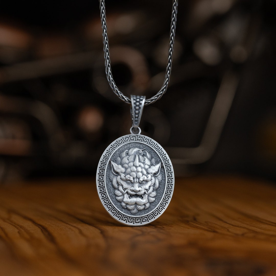 Chinese Guardian Lion Foo Dog Silver Men Personalized Necklace