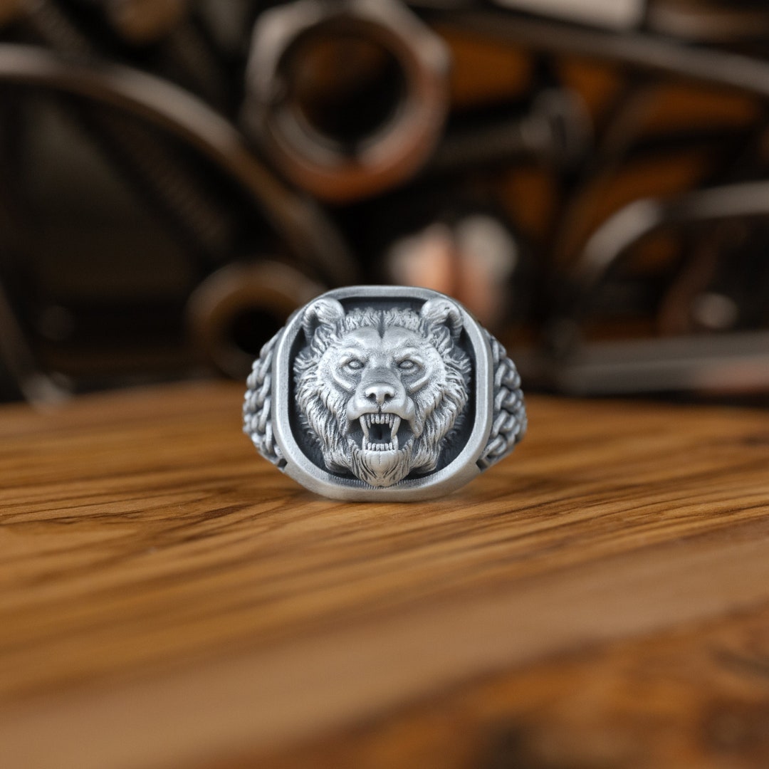 Handmade Nordic Bear Silver Signet Ring for Men, Oxidized Mens Animal ...