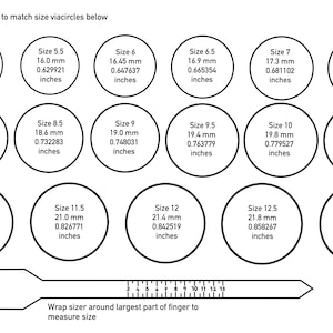 May include: A ring size guide with a ruler and a series of circles representing different ring sizes. Each circle is labeled with a size number and the corresponding measurement in millimeters and inches.