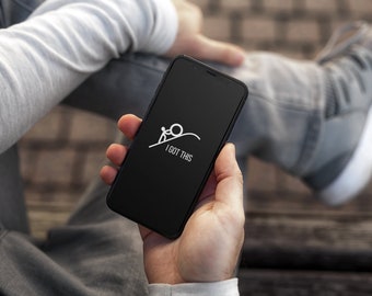 以下が含まれることがあります： 丘を上る大きなボールを白い棒人間が押している、黒いスマートフォン。画面には「I GOT THIS」という文字が表示されています。