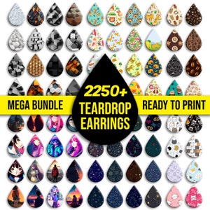May include: A collection of over 2250 teardrop-shaped earring designs, ready to print. The designs include various patterns, colors, and themes, such as geometric, animal, and floral.