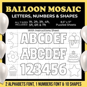 Todas as letras | Números Balão Mosaico Modelo, 1-6 pés Balão Mosaico Todos os tamanhos, Letras de A a Z, Alfabeto Mosaico, Números Mosaico