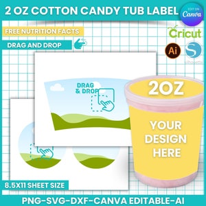 2 Unzen Cotton Candy Wannenvorlage, Full Wrap Cotton Candy Wannenverpackung, Cotton Candy Label, Canva bearbeitbar, SVG, PNG, AI, 8,5x11 &quot;Blattgröße